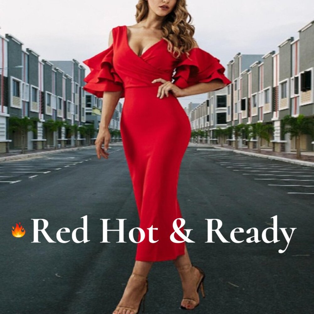 ❤️ Flounced Sleeves Cold Shoulder V Neck Back Slit Bodycon Midi Dress XL